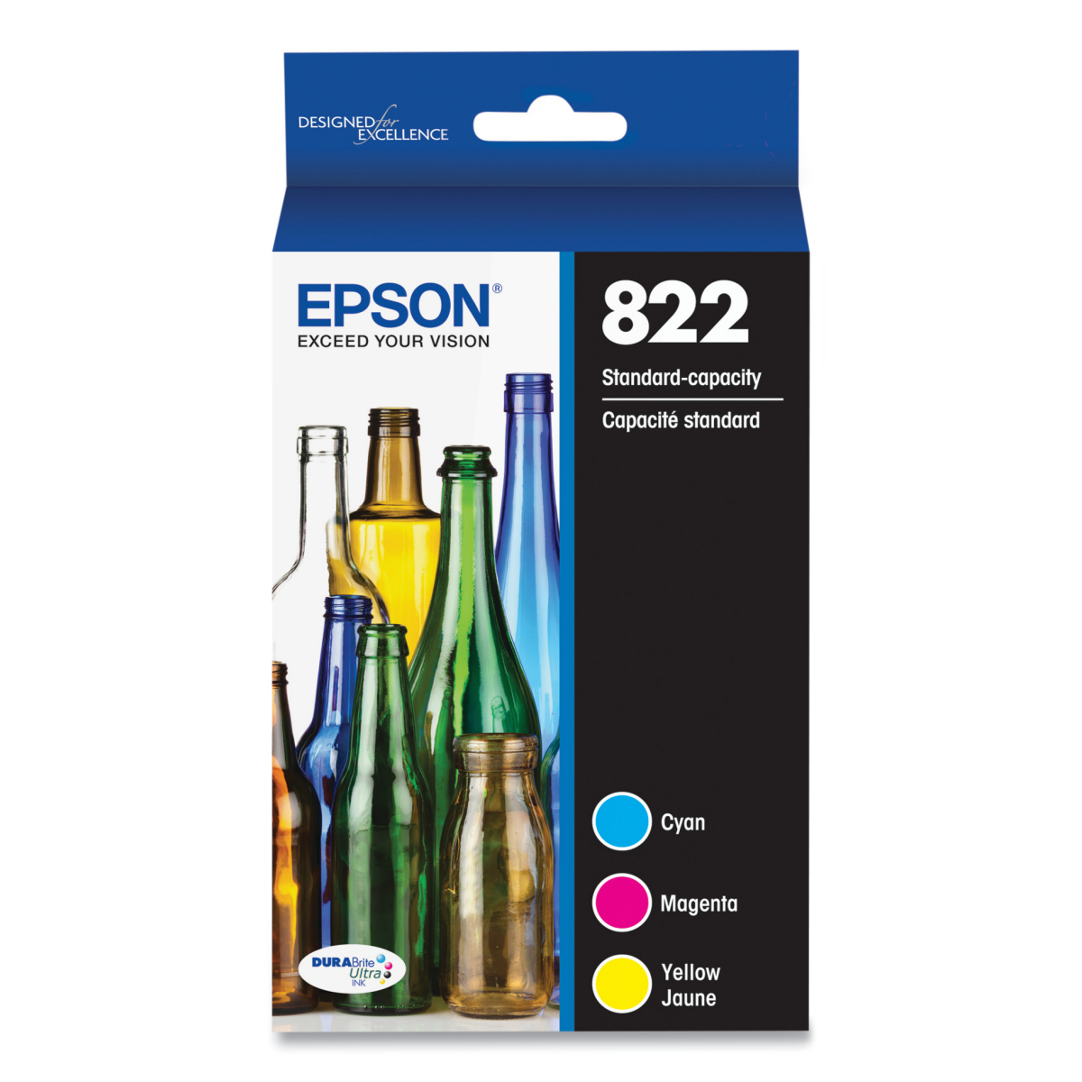 slide 1 of 5, Epson T822 Cyan/Magenta/Yellow Ink, 3/pack, 1 ct