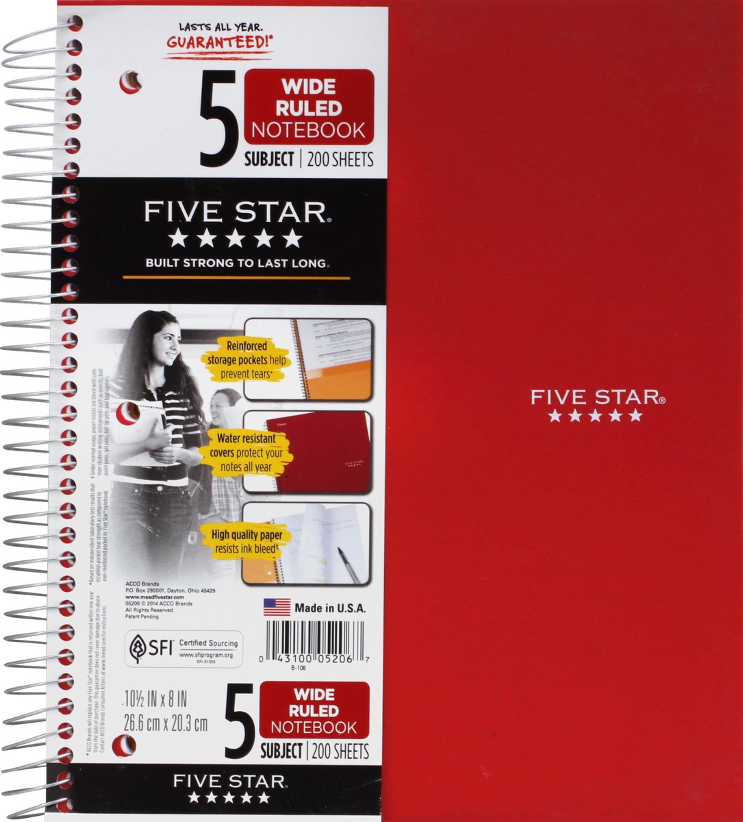 slide 4 of 4, Five Star Notebook, 5 Subject, Wide Ruled, 200 Sheets, 1 ct