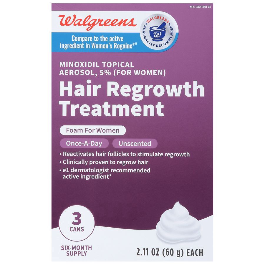 slide 1 of 3, Walgreens Women's 5% Minoxidil Foam Hair Regrowth Treatment 180 Day Supply, 3 ct; 2.11 oz