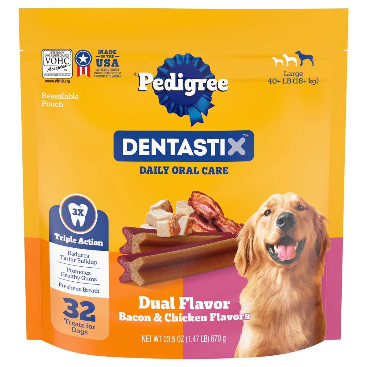 slide 1 of 5, Pedigree Dentastix Dual Flavor Bacon & Chicken Dog Treats, 32 ct