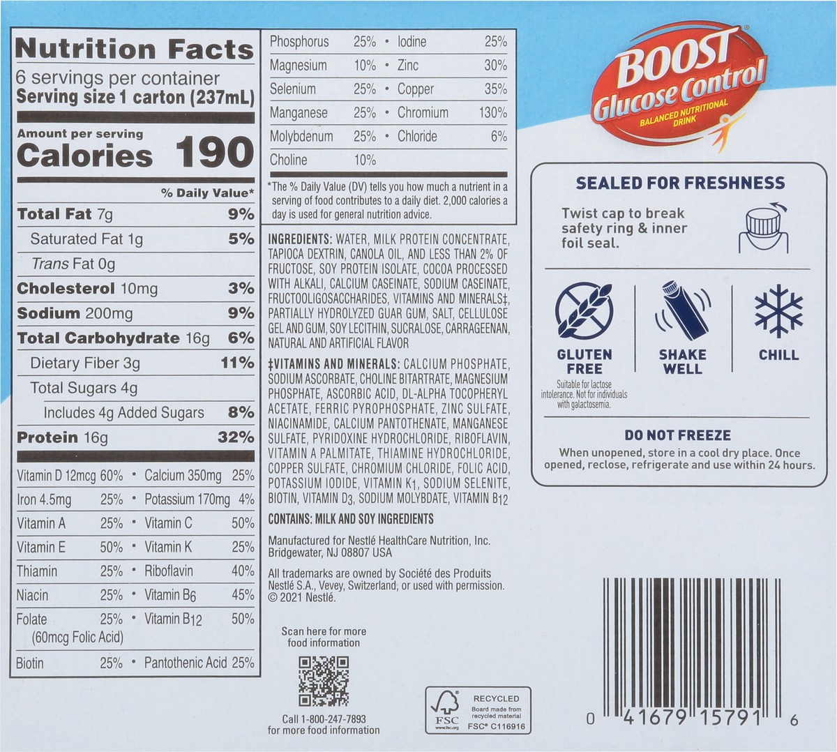 slide 8 of 9, Boost Glucose Control Nutritional Drink, Rich Chocolate, 16 g Protein, 6 - 8 fl oz Cartons, 6 ct; 8 fl oz