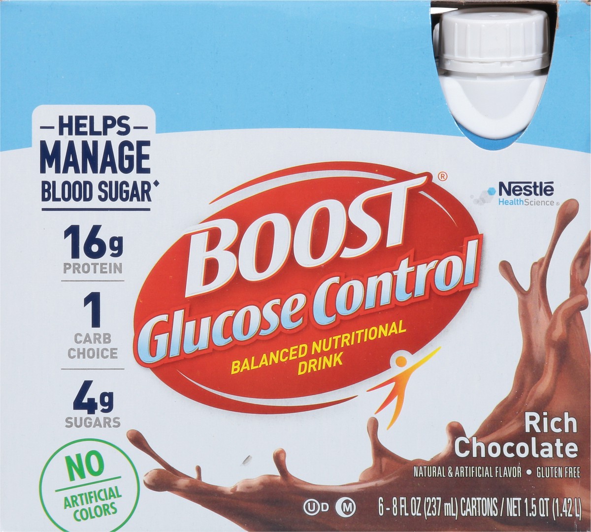 slide 3 of 9, Boost Glucose Control Nutritional Drink, Rich Chocolate, 16 g Protein, 6 - 8 fl oz Cartons, 6 ct; 8 fl oz