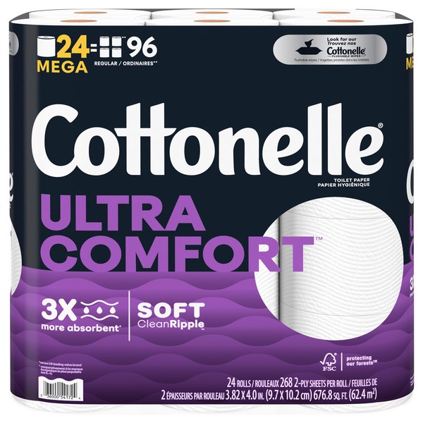 slide 1 of 8, Cottonelle Ultra Comfort Toilet Paper, Strong Toilet Tissue, 24 Mega Rolls (24 Mega Rolls = 96 Regular Rolls), 268 Sheets per Roll, 24 ct