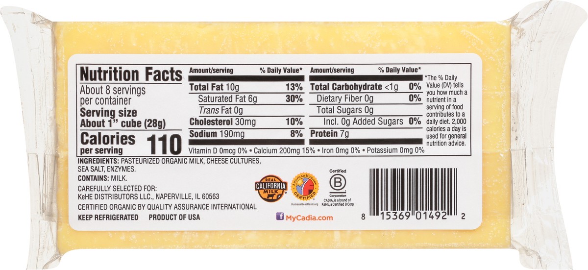 slide 4 of 14, Cadia Cheese Bar Cheddar Sharp Organic, 8 oz