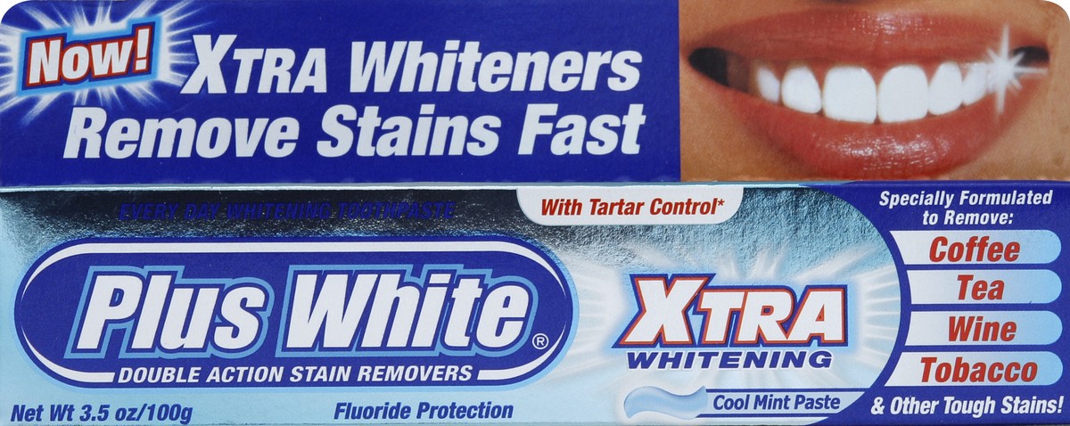 slide 5 of 6, Plus White Toothpaste, Fluoride Protection, Xtra Whitening, with Tartar Control, Cool Mint Paste, 3.5 oz