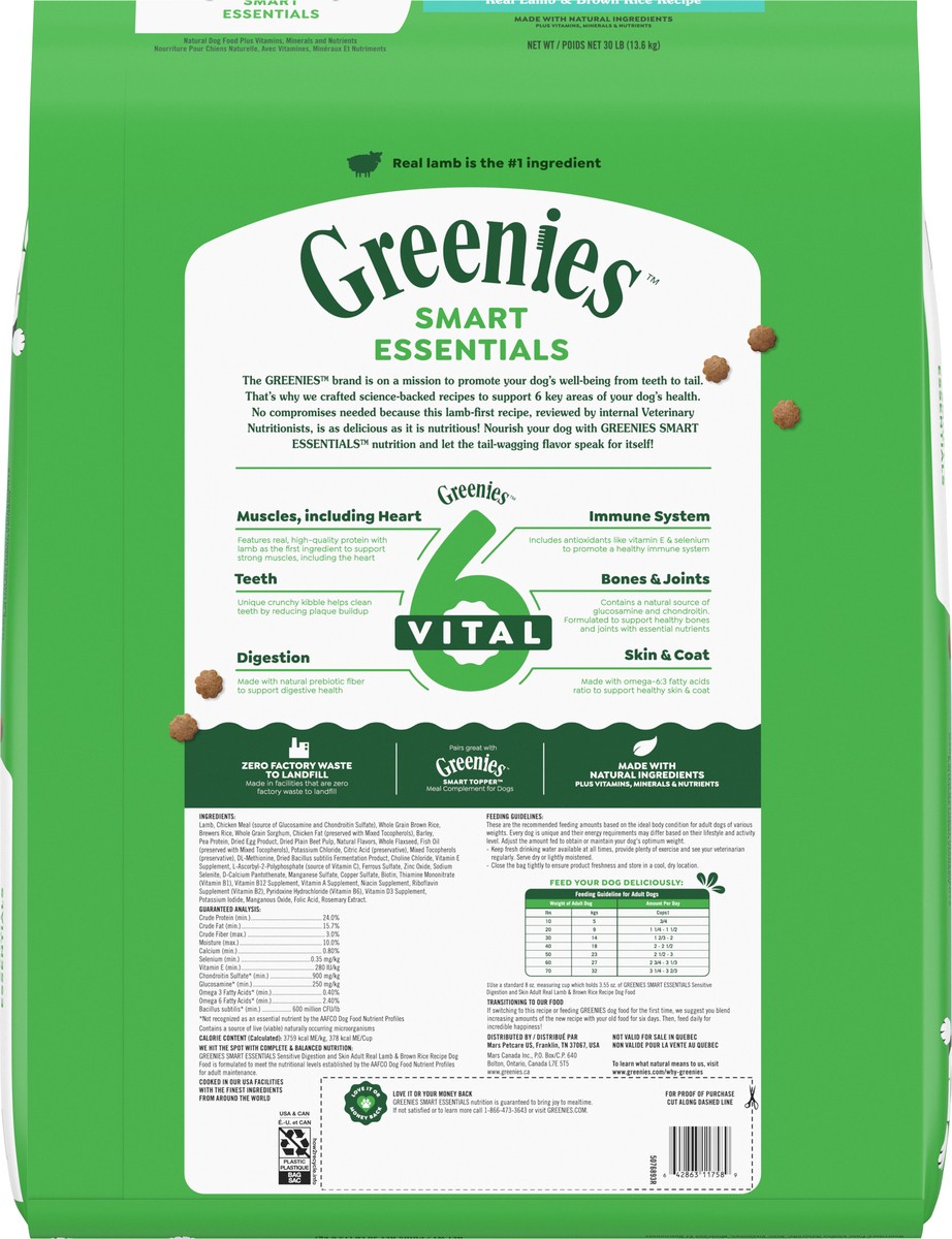 slide 6 of 16, Greenies Smart Essentials Sensitive Digestion & Skin Adult Dry Dog Food Real Lamb & Brown Rice Recipe, 30 lb. Bag, 30 lb