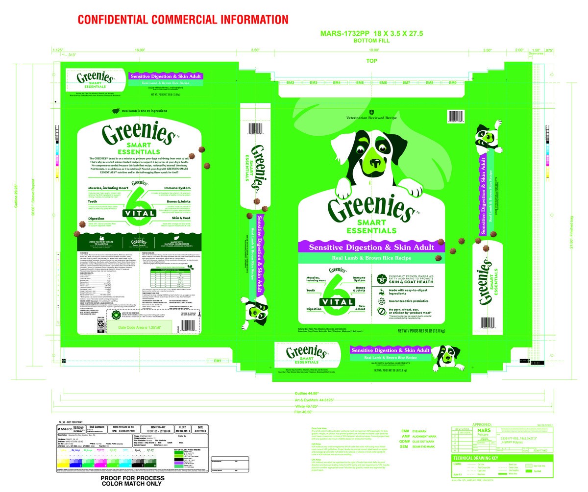 slide 3 of 16, Greenies Smart Essentials Sensitive Digestion & Skin Adult Dry Dog Food Real Lamb & Brown Rice Recipe, 30 lb. Bag, 30 lb