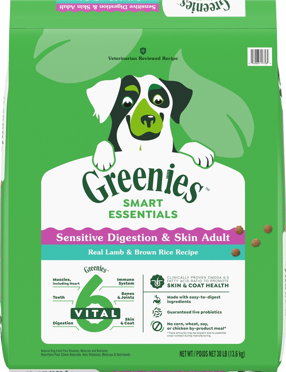 slide 14 of 16, Greenies Smart Essentials Sensitive Digestion & Skin Adult Dry Dog Food Real Lamb & Brown Rice Recipe, 30 lb. Bag, 30 lb