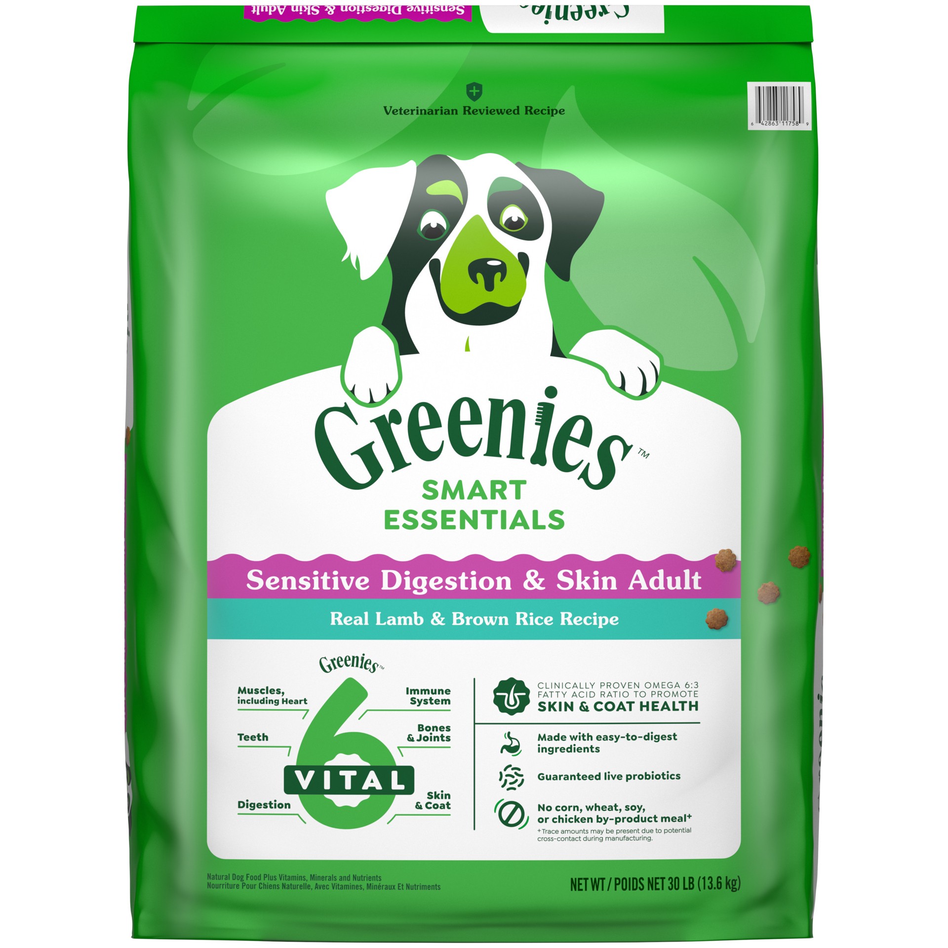 slide 1 of 16, Greenies Smart Essentials Sensitive Digestion & Skin Adult Dry Dog Food Real Lamb & Brown Rice Recipe, 30 lb. Bag, 30 lb