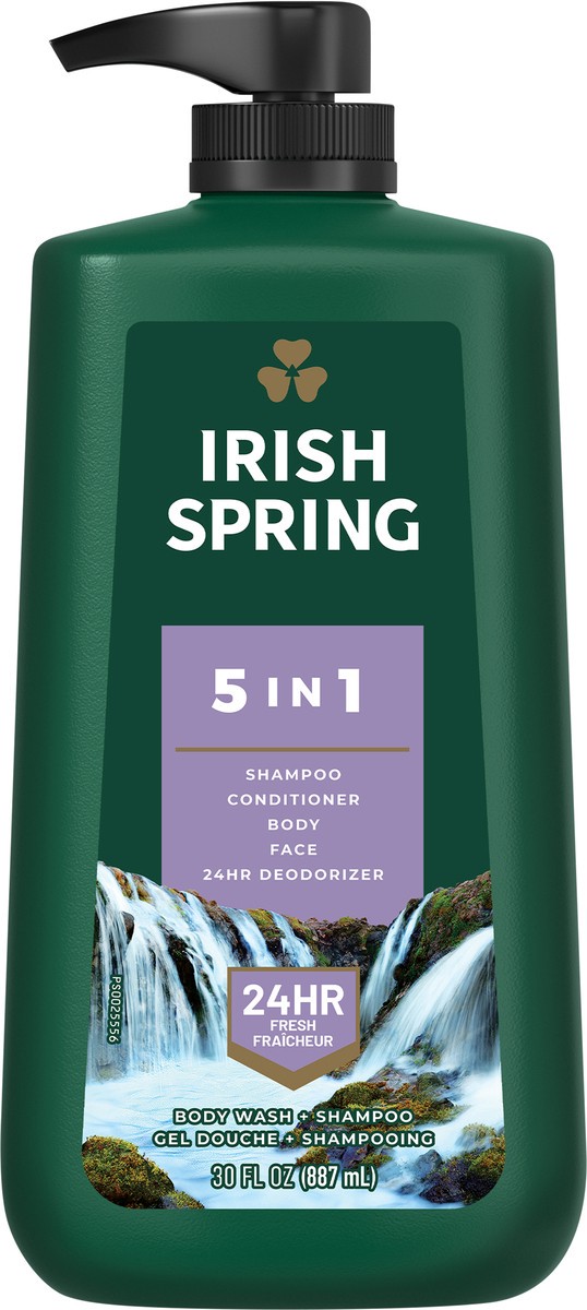 slide 5 of 8, Irish Spring 5 in 1 Body Wash for Men, Combines Shampoo, Conditioner, Body Wash, Face Wash, and 24-Hour Deodorizer, Cool Fresh Scent, 30 fl Oz. Pump Bottle, 30 fl oz