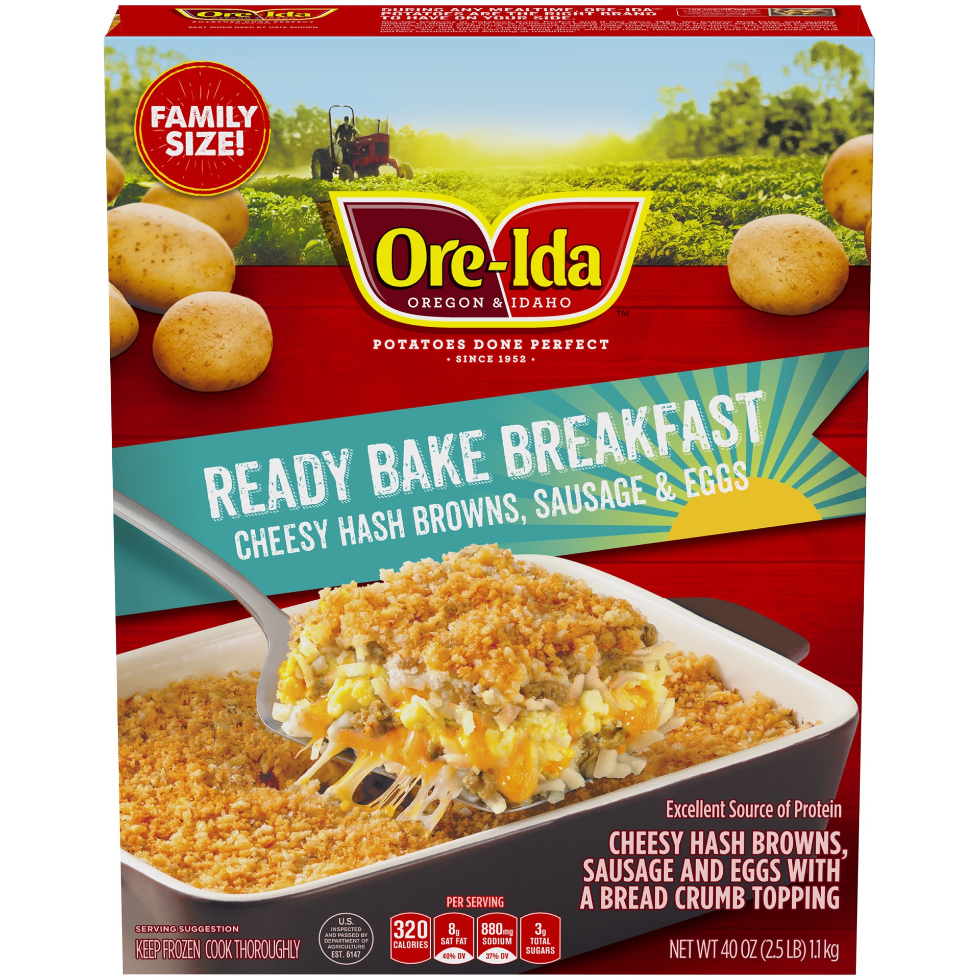 slide 1 of 6, Ore-Ida Ready Bake Breakfast Cheesy Hash Browns, Sausage & Eggs Casserole Family Size Frozen Meal, 40 oz