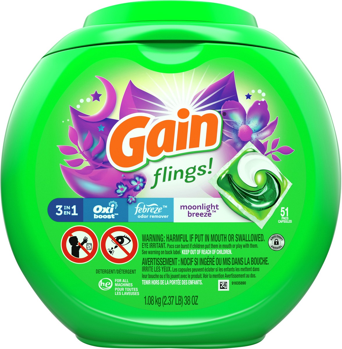 slide 1 of 7, Gain Flings! Pacs 3 in 1 Moonlight Breeze Detergent 51 ea, 51 ct