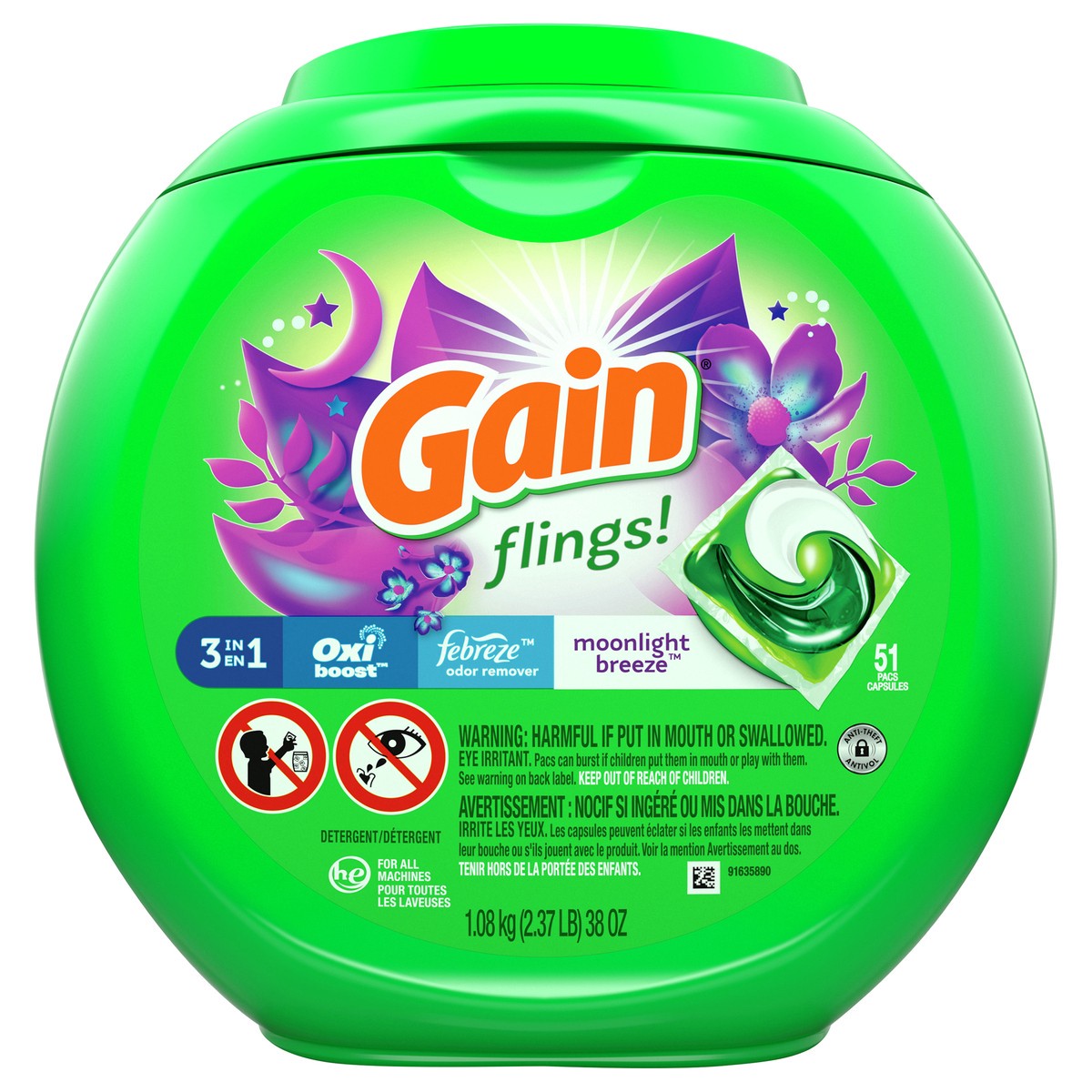 slide 1 of 7, Gain Flings! Pacs 3 in 1 Moonlight Breeze Detergent 51 ea, 51 ct