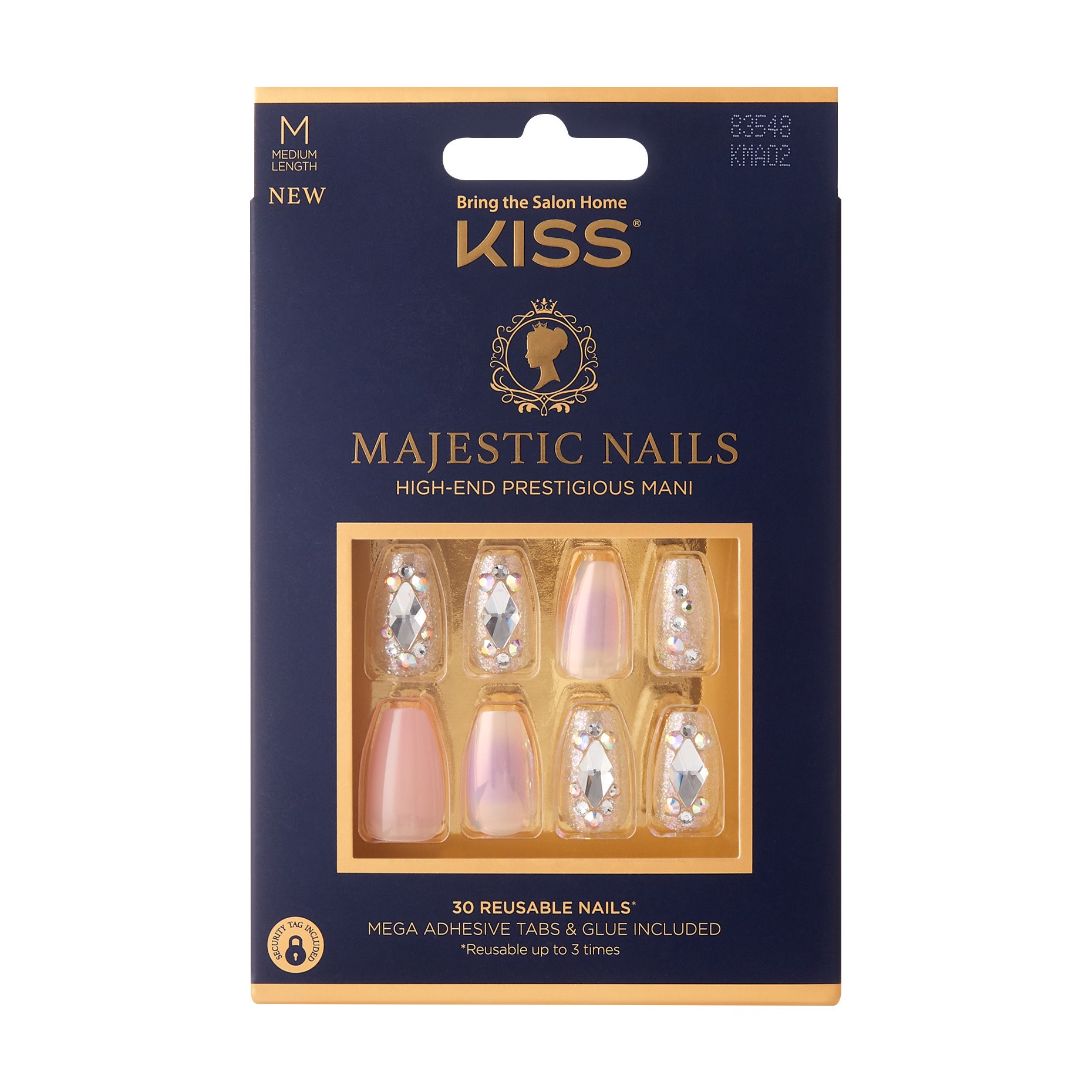 slide 1 of 5, KISS Majestic Nails, 'In a Crown', 30 Reusable Medium Coffin Shape Jeweled Nails, 1 ct