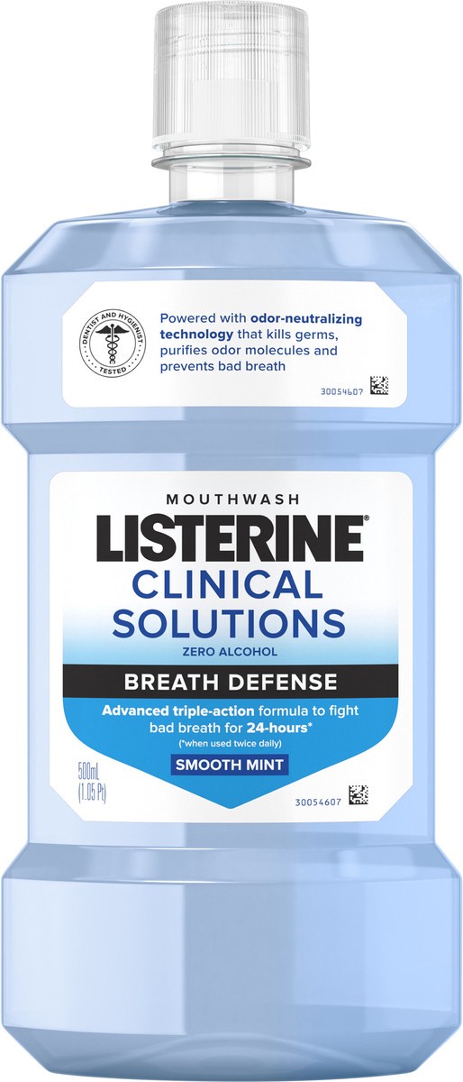 slide 7 of 12, Listerine Clinical Solutions Breath Defense Zero Alcohol Mouthwash, Smooth Mint, 500 mL, 500 mL