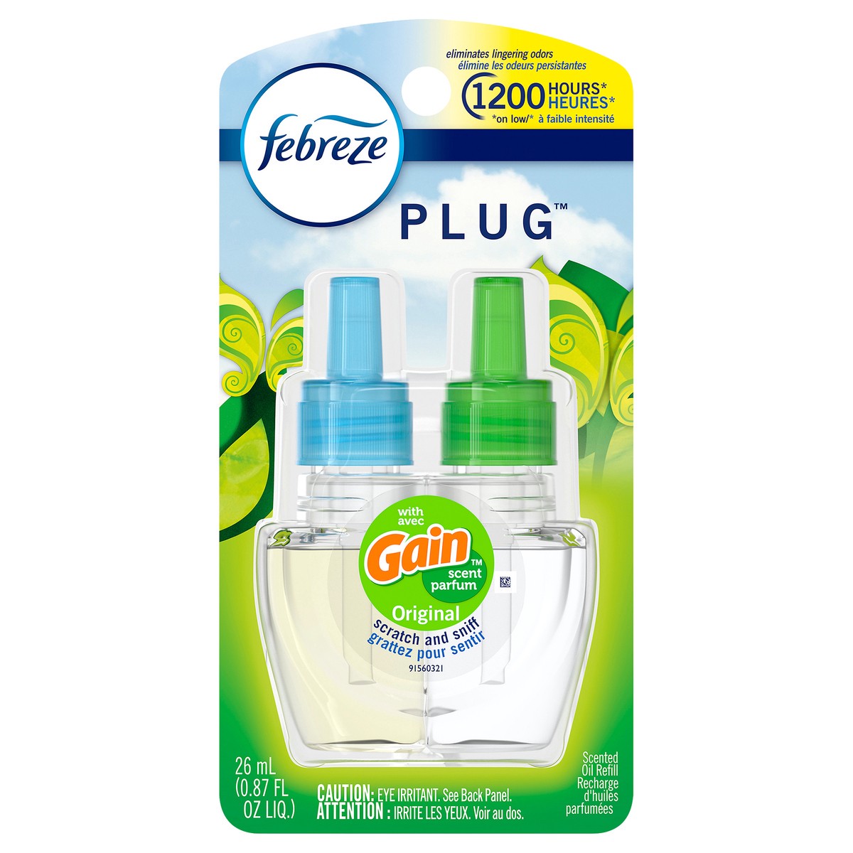 slide 2 of 8, Febreze Odor-Eliminating Fade Defy PLUG Air Freshener Gain Original Scent, (1) .87 fl. oz. Oil Refill, 0.87 fl oz