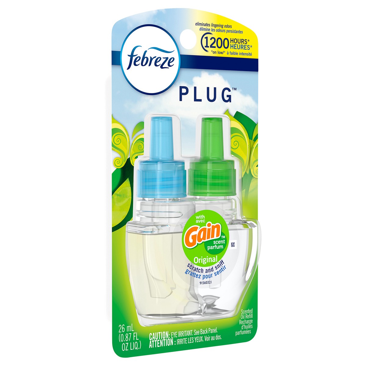 slide 3 of 8, Febreze Odor-Eliminating Fade Defy PLUG Air Freshener Gain Original Scent, (1) .87 fl. oz. Oil Refill, 0.87 fl oz