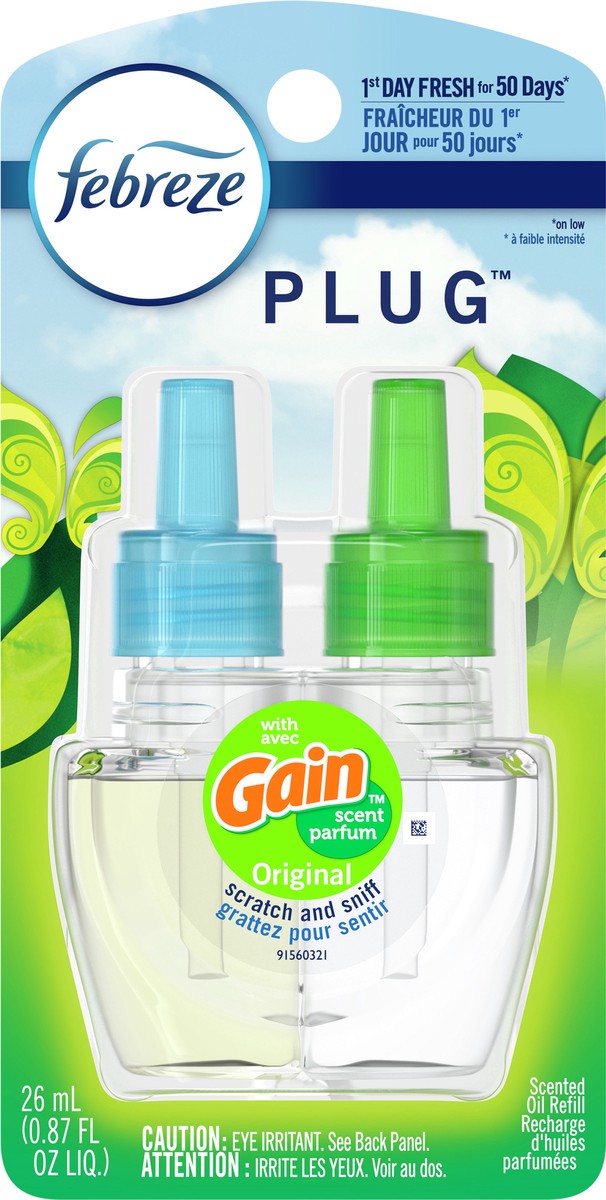 slide 7 of 8, Febreze Odor-Eliminating Fade Defy PLUG Air Freshener Gain Original Scent, (1) .87 fl. oz. Oil Refill, 0.87 fl oz