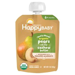 Happy Baby Organics Nutty Blends Stage 2, Pears & Cashew Butter, Allergen Introduction in Baby Appropriate Texture, for 6+ Months, 3 Oz