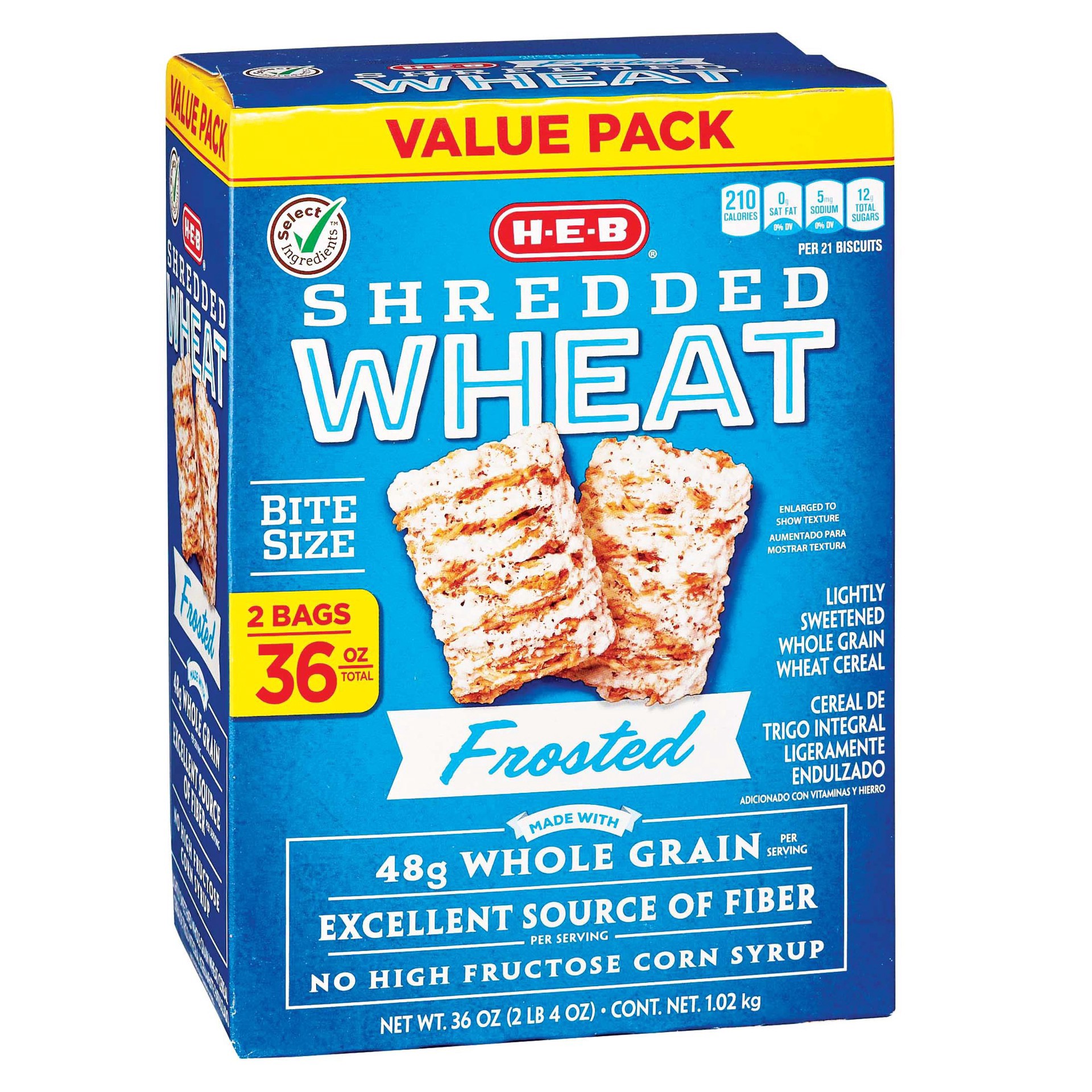 slide 1 of 1, H-E-B Select Ingredients Frosted Shredded Wheat Bite Size Value Pack, 36 oz