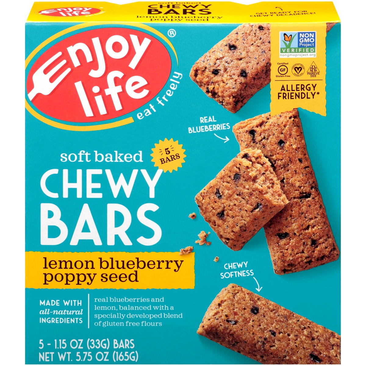 slide 1 of 8, Enjoy Life Lemon Blueberry Poppy Seed Soft Baked Chewy Bars, 5 ct; 1.15 oz