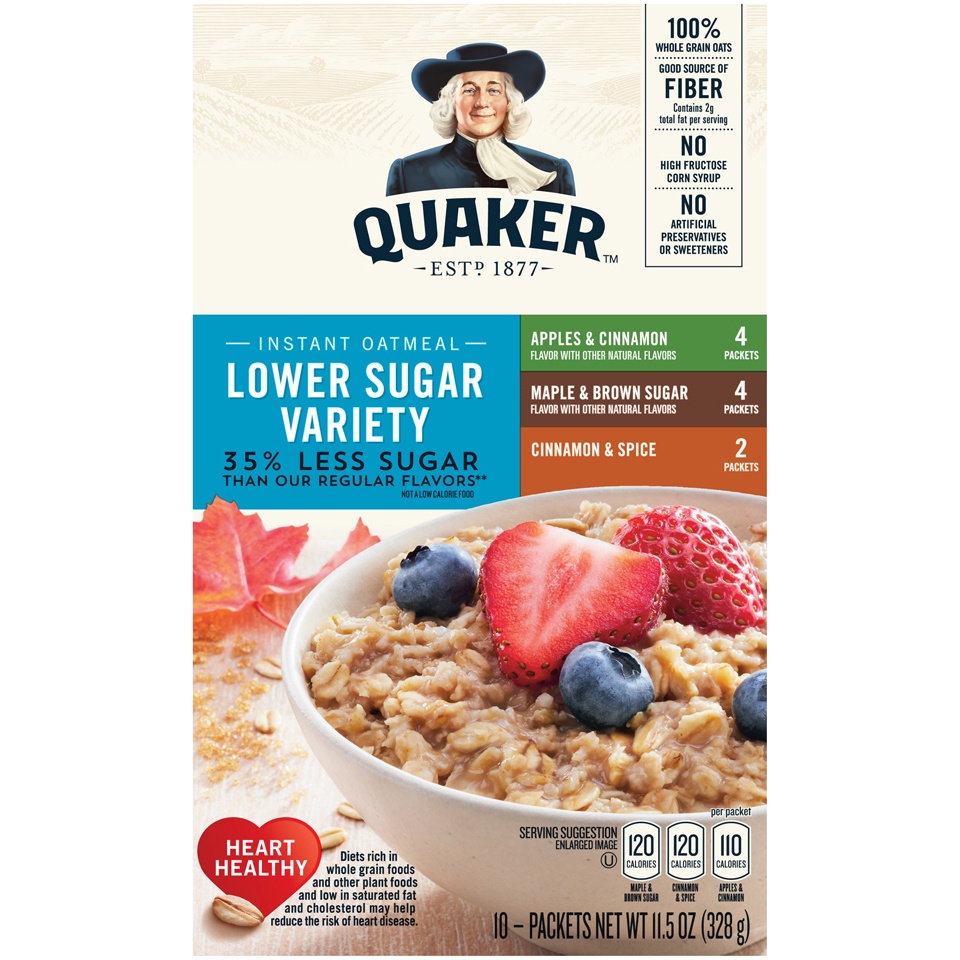 slide 2 of 4, Quaker Instant Oatmeal Lower Sugar Variety Pack, 10 ct; 1.15 oz