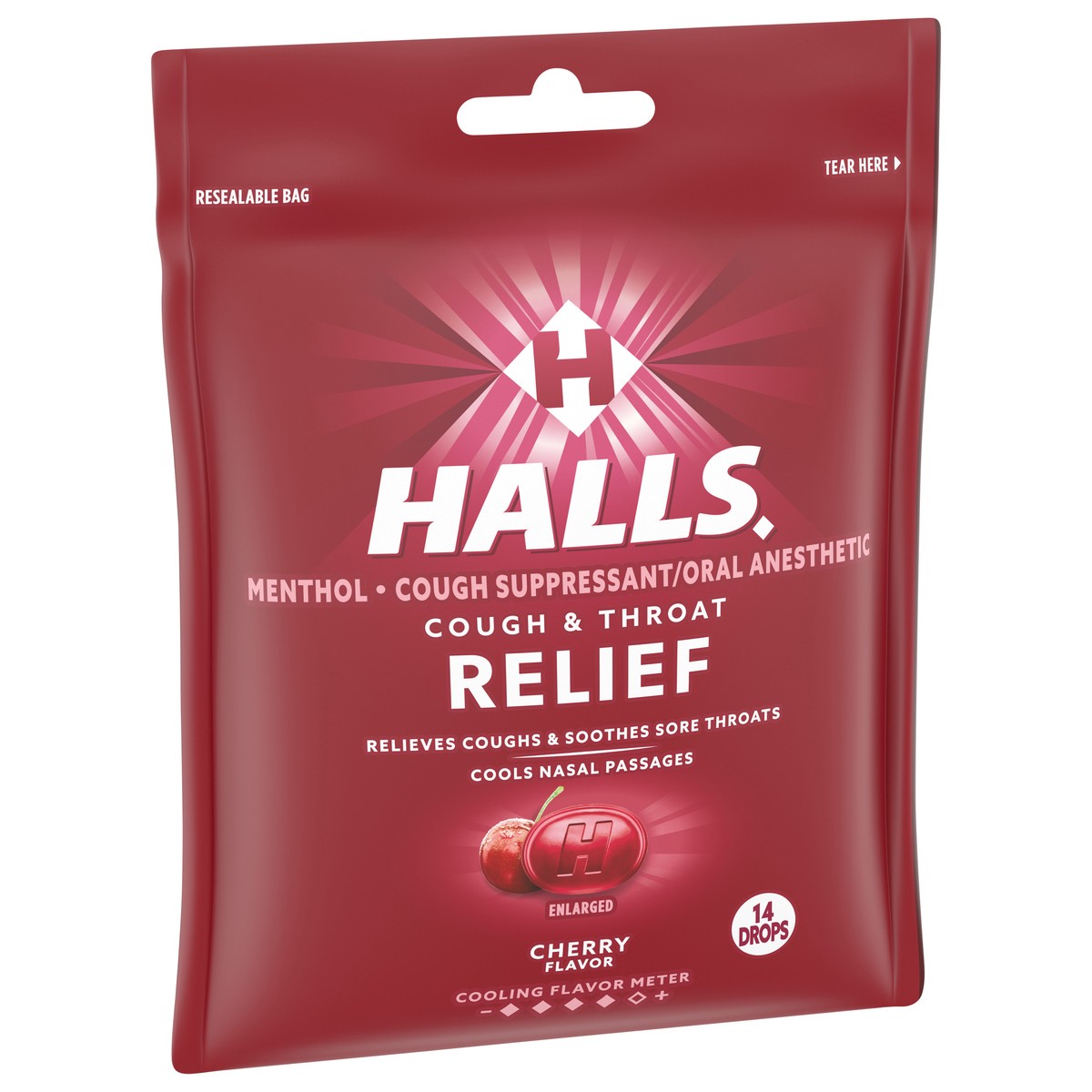 slide 2 of 9, HALLS Relief Cherry Cough Drops, 14 Total Drops, 1.53 oz