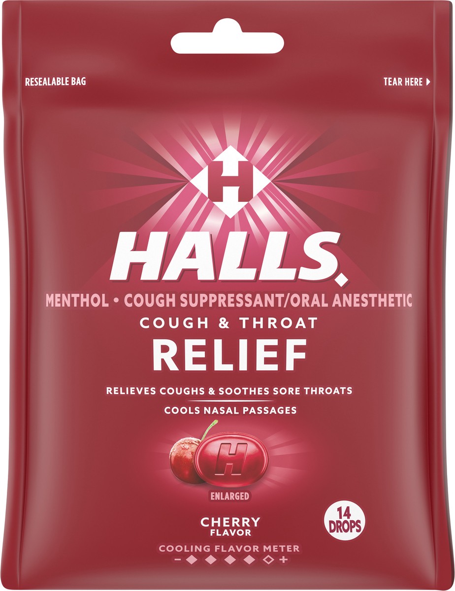 slide 6 of 9, HALLS Relief Cherry Cough Drops, 14 Total Drops, 1.53 oz