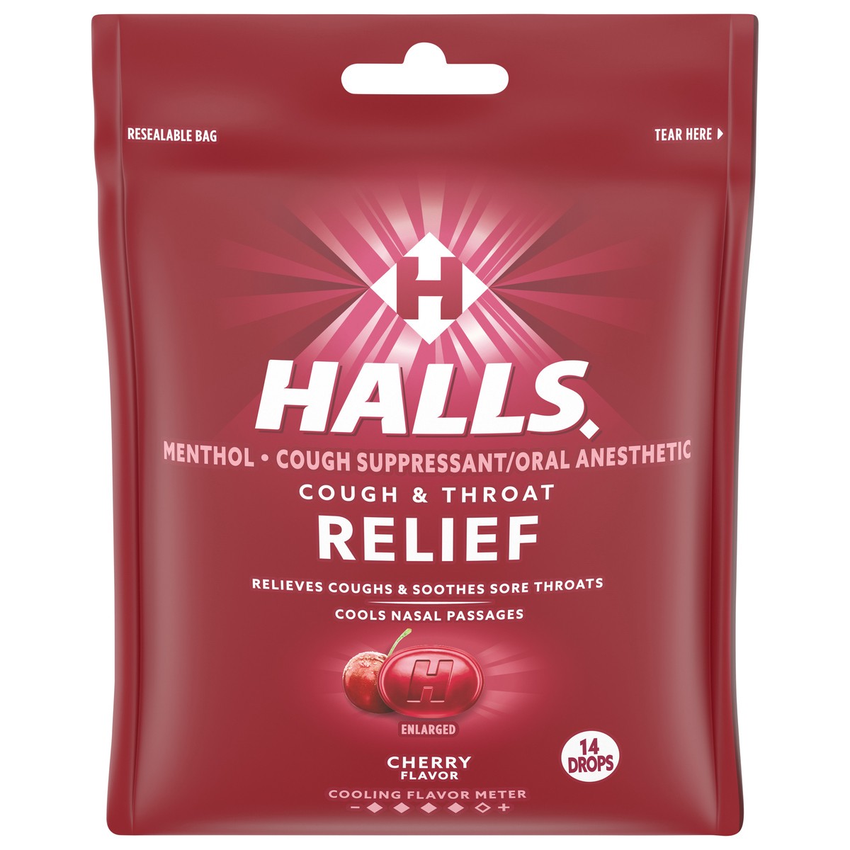 slide 1 of 9, HALLS Relief Cherry Cough Drops, 14 Total Drops, 1.53 oz