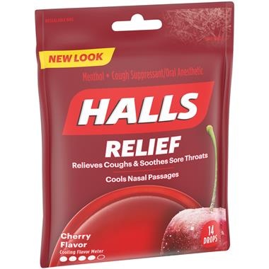 slide 1 of 1, Halls Relief Cherry Cough Suppressant/Oral Anesthetic Menthol Drops, 14 ct
