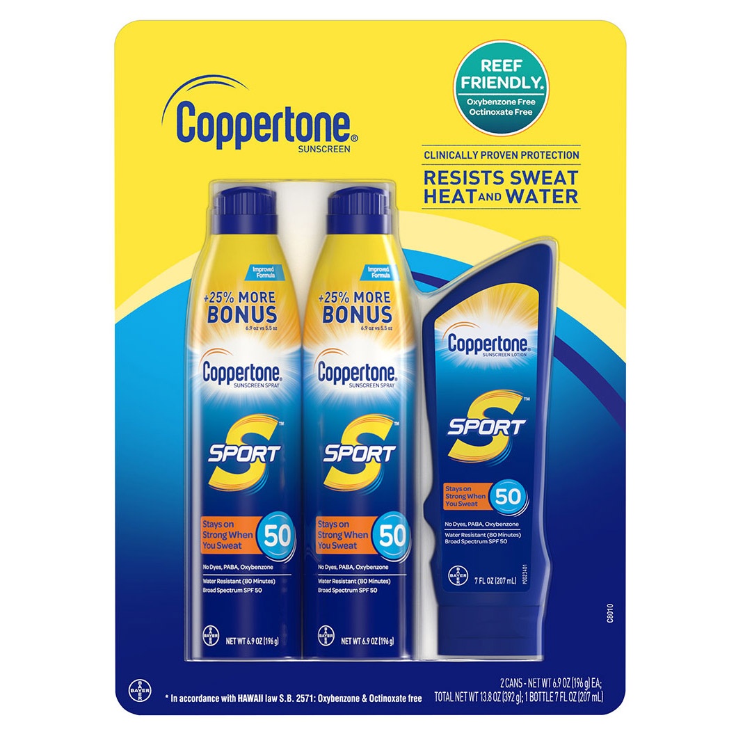 slide 1 of 1, Coppertone Sport 50 SPF Sunscreen, 2 x spray + lotion, 