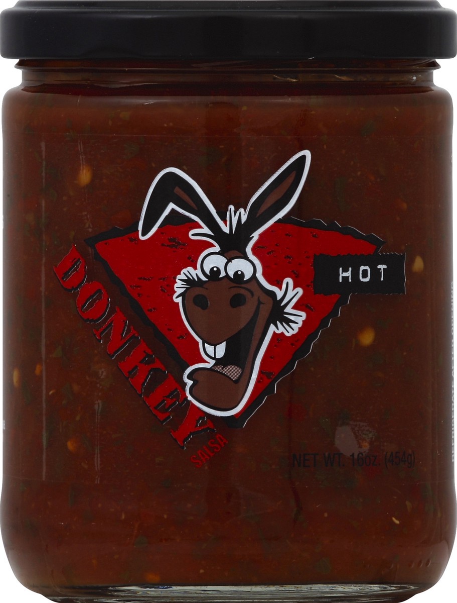 slide 1 of 3, Donkey Brands Chip Hot Salsa, 16 oz