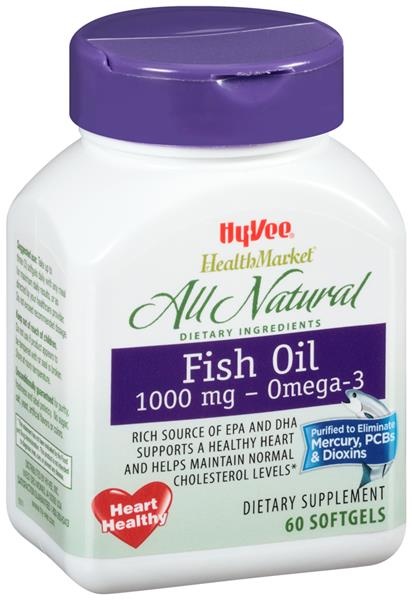 slide 1 of 1, Hy-Vee HealthMarket Fish Oil Omega-3 Dietary Supplement Softgels, 60 ct; 1000 mg
