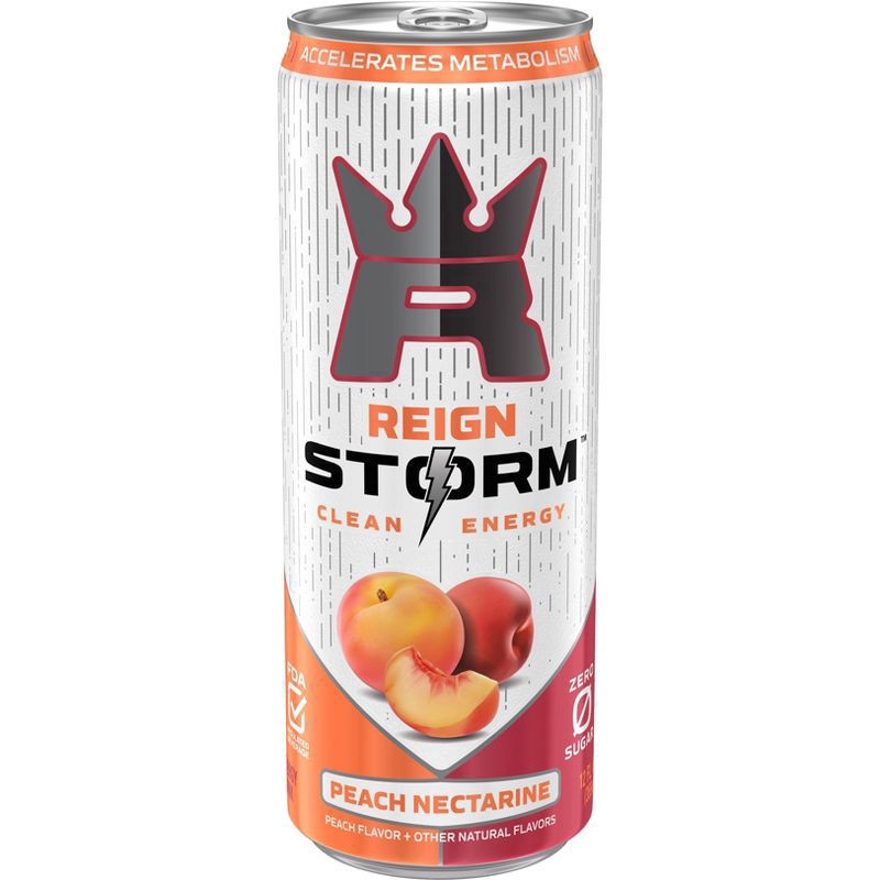 slide 1 of 2, Reign Storm Peach Nectarine Energy Drink - 12 fl oz Cans, 12 fl oz