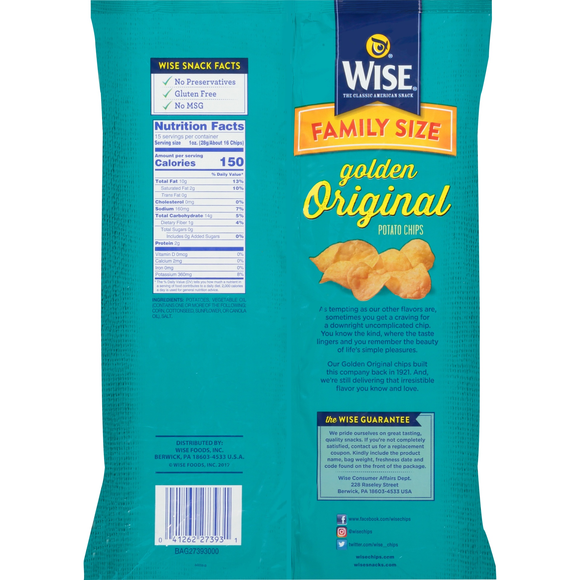 slide 4 of 6, Wise Family Size Golden Original Potato Chips, 15 oz