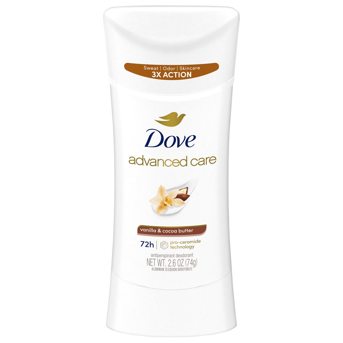 slide 1 of 9, Dove Advanced Care Antiperspirant Deodorant Stick Vanilla & Cocoa Butter 2.6 Oz, 2.6 oz