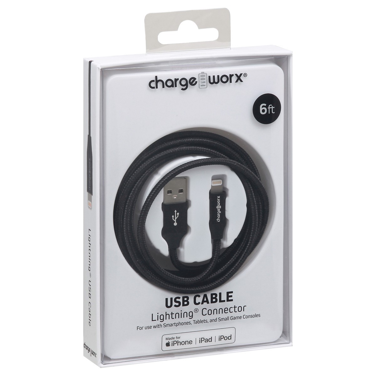 slide 7 of 10, Chargeworx Black Lightning Connector USB Cable, 6 ft