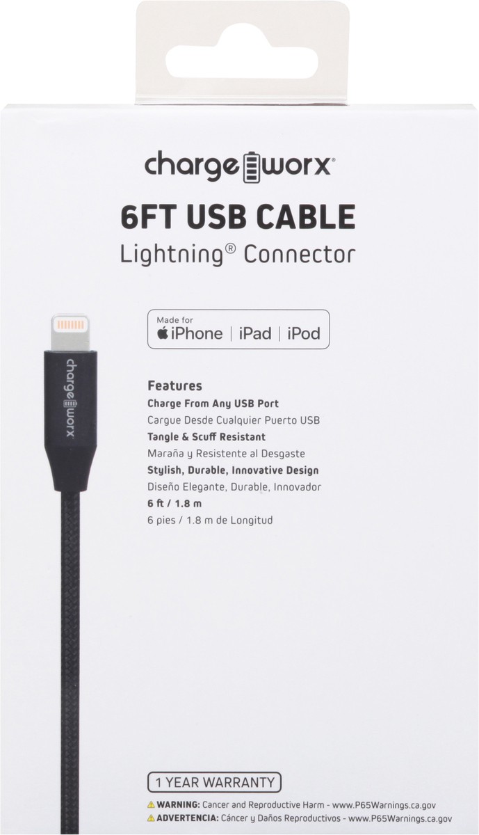 slide 8 of 10, Chargeworx Black Lightning Connector USB Cable, 6 ft