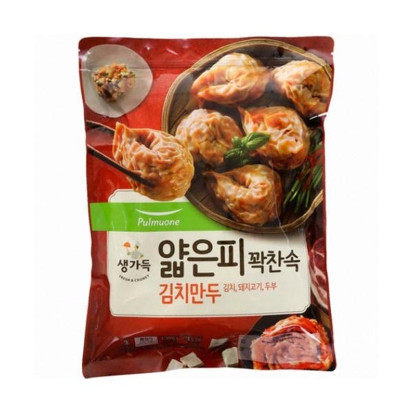 slide 1 of 1, Pulmuone Pmo Thin Wramp Kimchi Dumplings, 21.2 oz