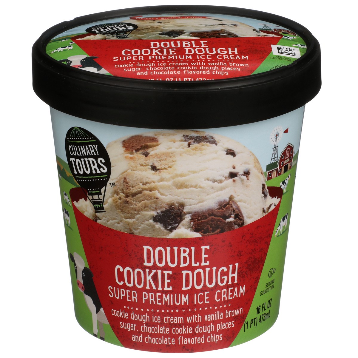 slide 1 of 9, Culinary Tours Double Cookie Dough Super Premium Ice Cream With Vanilla Brown Sugar, Chocolate Cookie Dough Pieces And Chocolate Flavored Chips, 1 pint