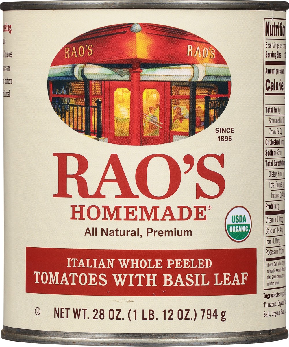 slide 2 of 12, Rao's Homemade Homemade Italian Whole Peeled Tomatoes with Basil Leaf 28 oz, 28 oz