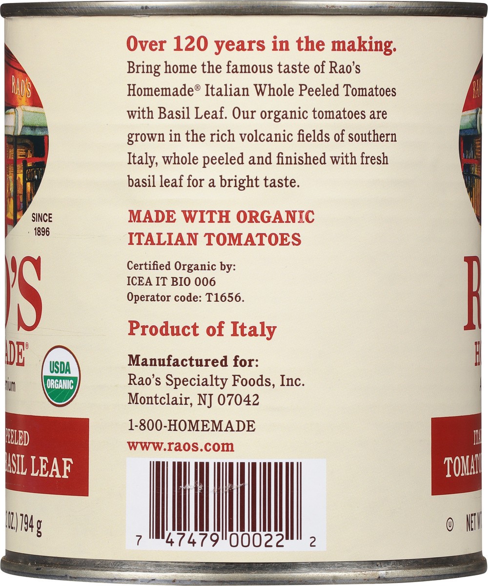 slide 7 of 12, Rao's Homemade Homemade Italian Whole Peeled Tomatoes with Basil Leaf 28 oz, 28 oz