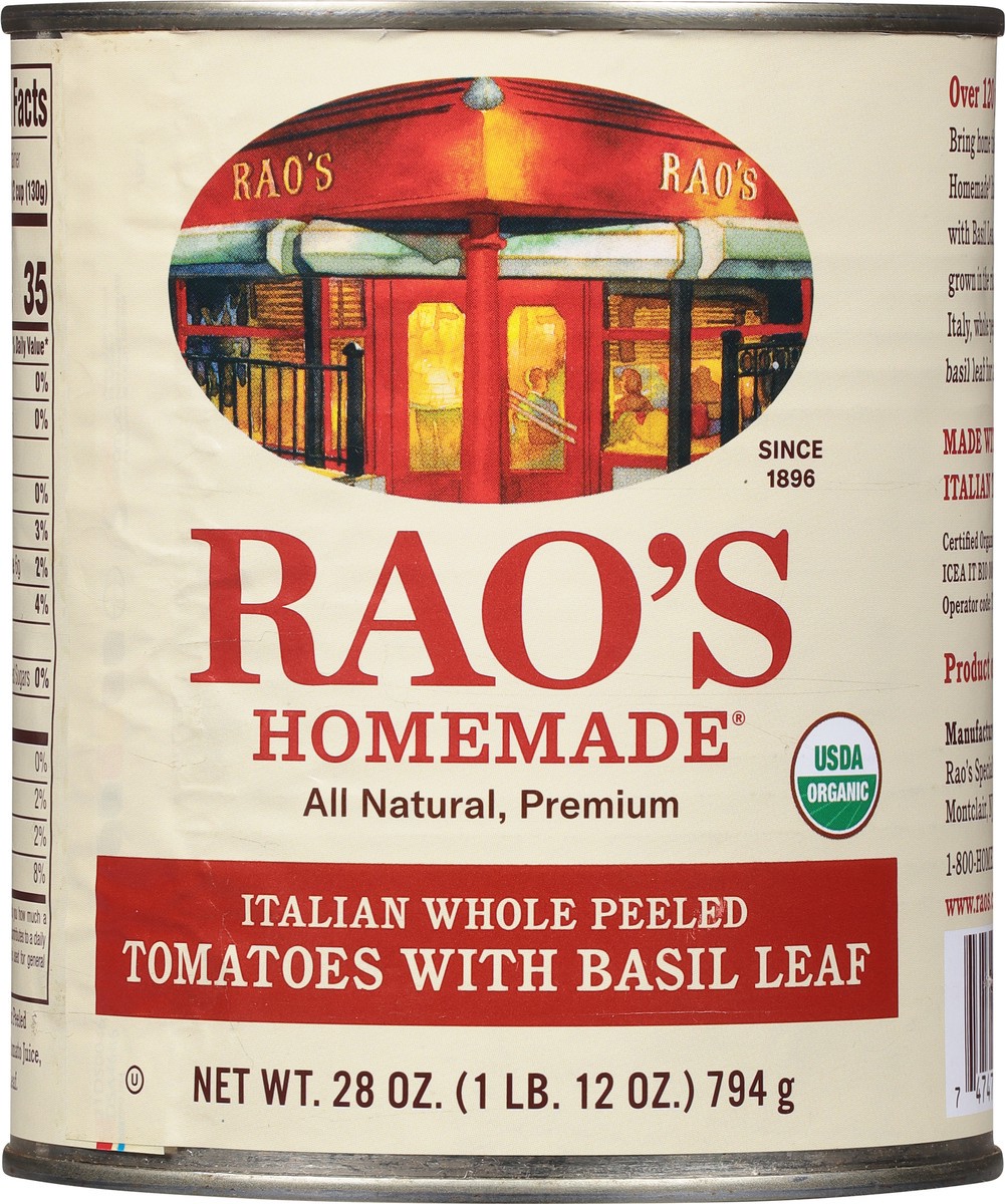 slide 11 of 12, Rao's Homemade Homemade Italian Whole Peeled Tomatoes with Basil Leaf 28 oz, 28 oz