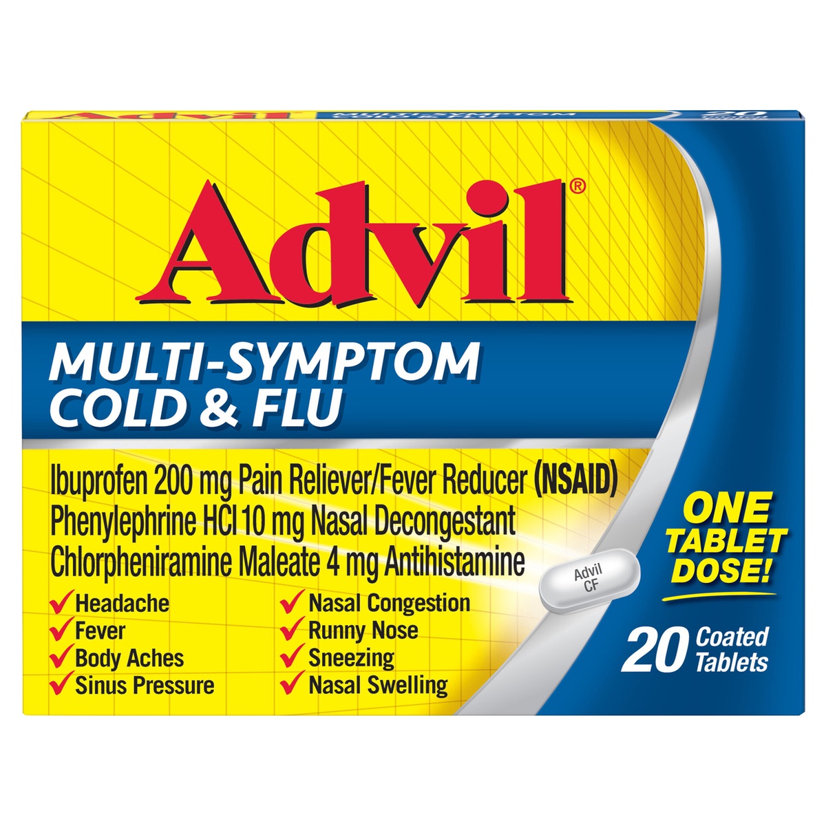 slide 1 of 1, Advil Multi Symptom Cold and Flu Medicine with Ibuprofen, Phenylephrine HCL and Chlorpheniramine Maleate - 20 Coated Tablets, 20 ct; 200 mg