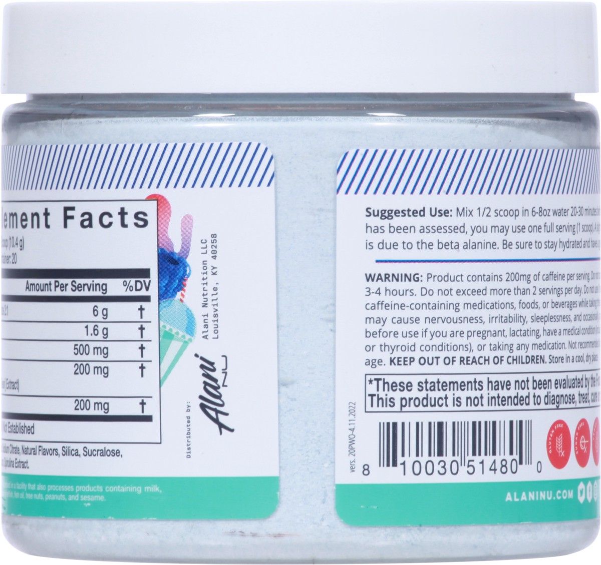 slide 8 of 10, Alani Nu Preworkout Blue Slush 20srv, 7.3 oz
