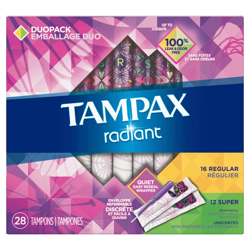 slide 33 of 104, Tampax Radiant Regular/Super Unscented Tampons 28 ea, 28 ct