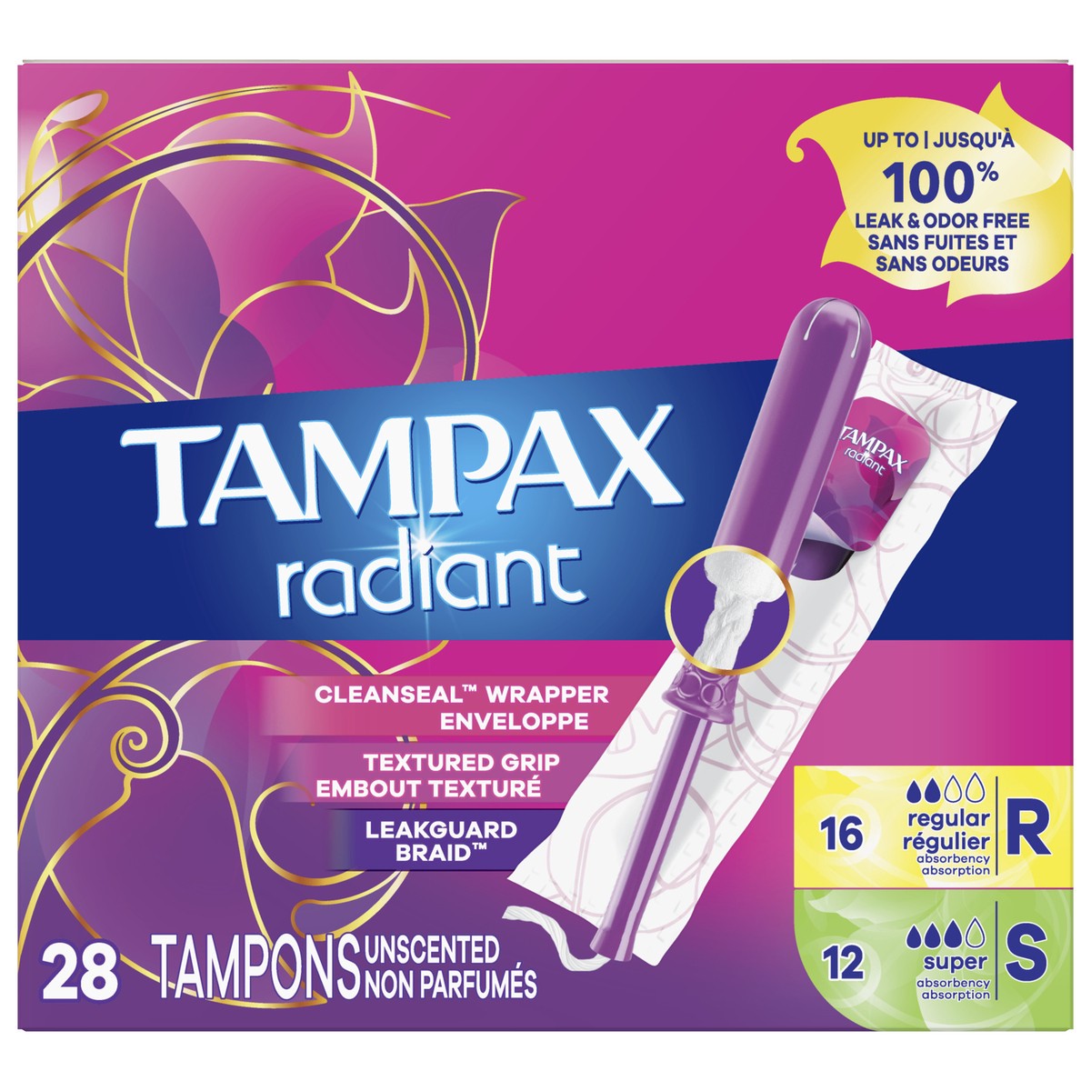 slide 1 of 104, Tampax Radiant Tampons Duo Pack with LeakGuard Braid, Regular/Super Absorbency, Unscented, 28 Count, 28 ct