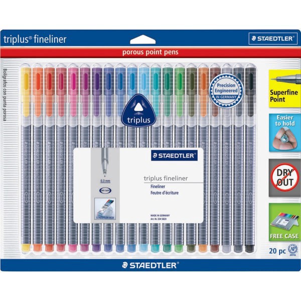 slide 2 of 2, STAEDTLER Triplus Fineliner Porous Point Pens, Fine Point, Gray Barrel, Assorted Ink Colors, Pack Of 20, 20 ct