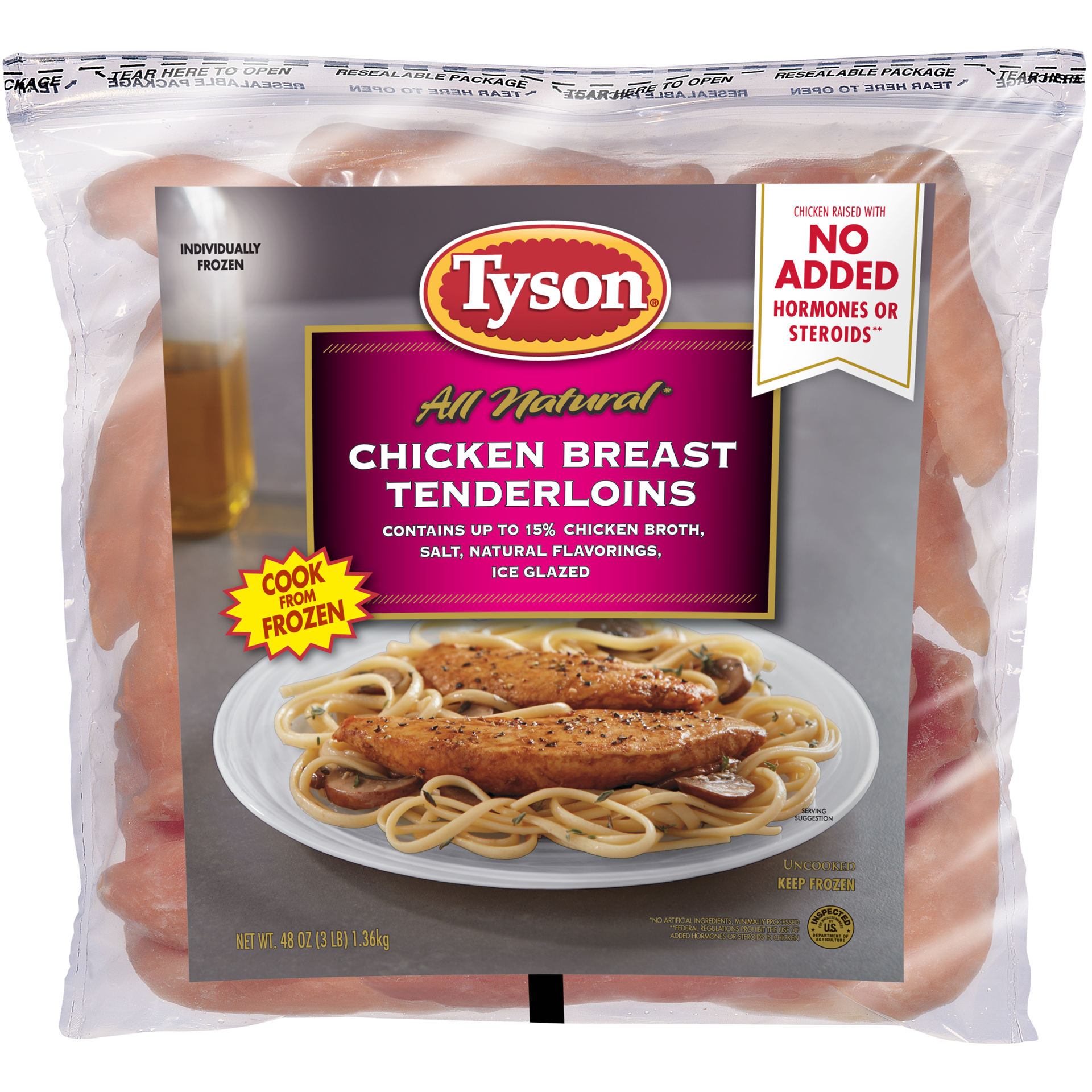 slide 1 of 7, Tyson Boneless Skinless Chicken Breast Tenderloins, 3 lb. (Frozen), 1.36 kg