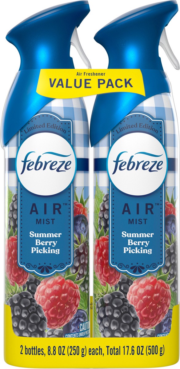 slide 8 of 9, Febreze Air Mist Odor-Fighting Air Freshener Summer Berry Picking, 8.8 oz. Aerosol Can, Pack of 2, 2 ea